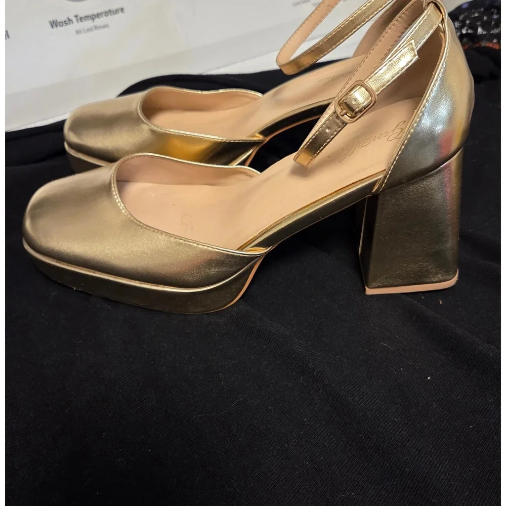 GenShuo Gold Metallic Platform Heels Square Toe Ankle Strap Block Heel Pumps 10
